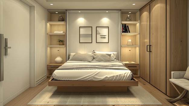 Foto un dormitorio de invitados de estilo minimalista con una cama murphy con almacenamiento incorporado y una decoración minimalista que maximiza el espacio y la funcionalidad