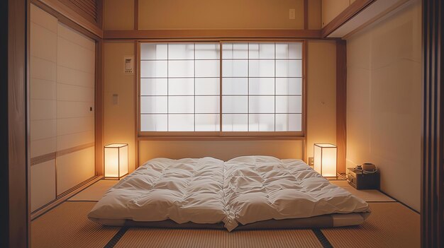 Un dormitorio japonés tradicional con un futón en el suelo tatami y una ventana de pantalla shoji La habitación está iluminada por dos linternas de papel