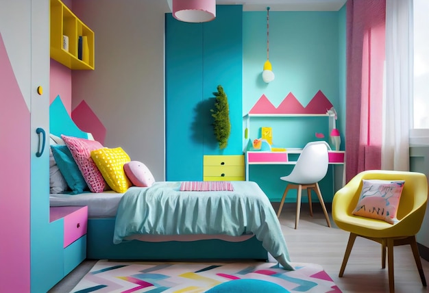 El dormitorio juvenil de una chica decorado con diferentes colores IA generativa