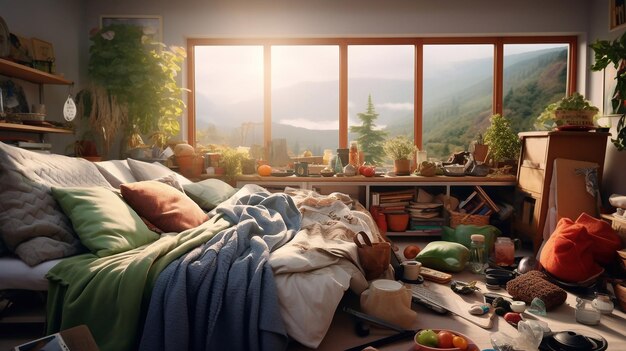 un dormitorio con un lío un montón de cosas domésticas tendidas en el suelo una ventana con una hermosa vista de las montañas bosque