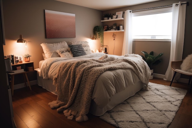 Dormitorio Lofie con cama acogedora y manta creada con inteligencia artificial generativa