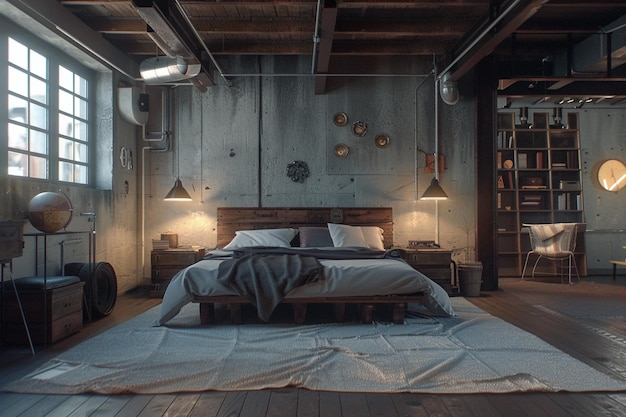 Dormitorio loft industrial con una cama de plataforma y ex