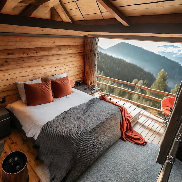 Dormitorio de loft en las montañas con ambiente de invierno con cubierta de edredón o manta vista superior