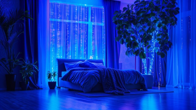 un dormitorio con luces azules