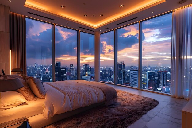 Foto el dormitorio de lujo de alta gama en un edificio de gran altura se ve cómodo con un gran espejo la vista de la ciudad del exterior es muy hermosa ideal para su uso como inspiración de diseño para diseñadores o propietarios