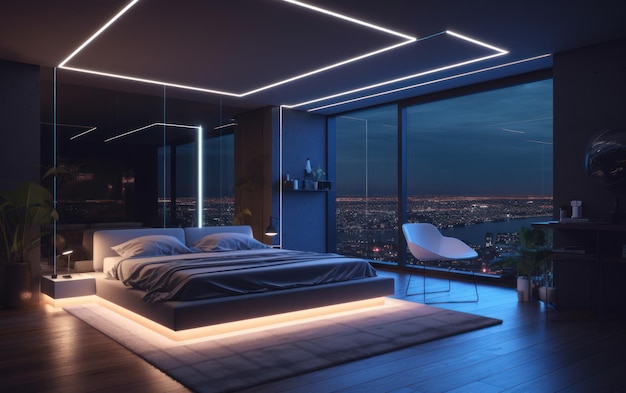 Dormitorio de lujo en el ático con luces de neón con vista al horizonte y diseño moderno