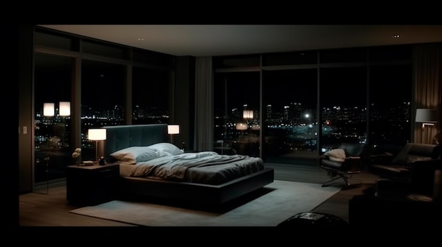 Dormitorio de lujo en el ático por la noche IA generativa