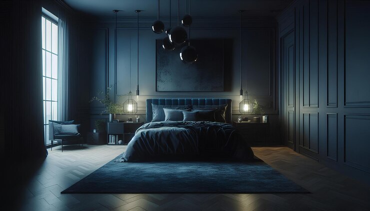 El dormitorio de lujo azul oscuro