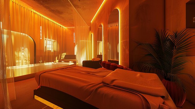 un dormitorio de lujo con una cama de spa de lujo en color naranja claro