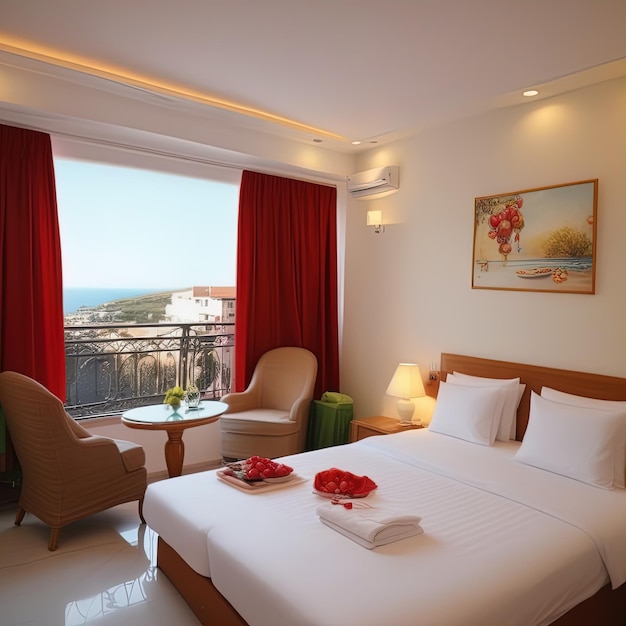 dormitorio de lujo con una gran ventana interior de la habitación del hotel con cama y almohadas