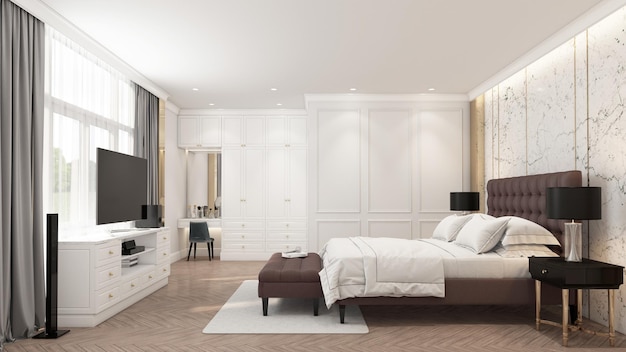 Dormitorio de lujo moderno con cornisa de pared y paredes de mármol con tonos blancos en el diseño de la decoración
