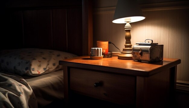 Dormitorio de lujo moderno con elegancia antigua y ropa de cama cómoda iluminada por inteligencia artificial