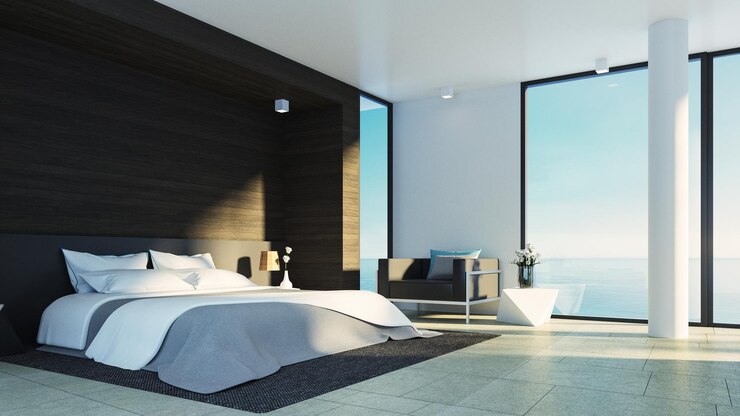 Dormitorio de lujo moderno Vista al mar Representación 3D