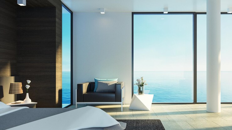 Dormitorio de lujo moderno Vista al mar Representación 3D