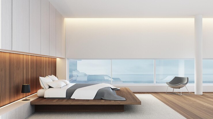 Dormitorio de lujo moderno Vista al mar Representación 3D