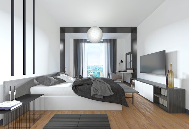 Dormitorio lujoso y moderno de estilo contemporáneo en blanco y negro. Dormitorio con elementos decorativos en las paredes. Render 3D.