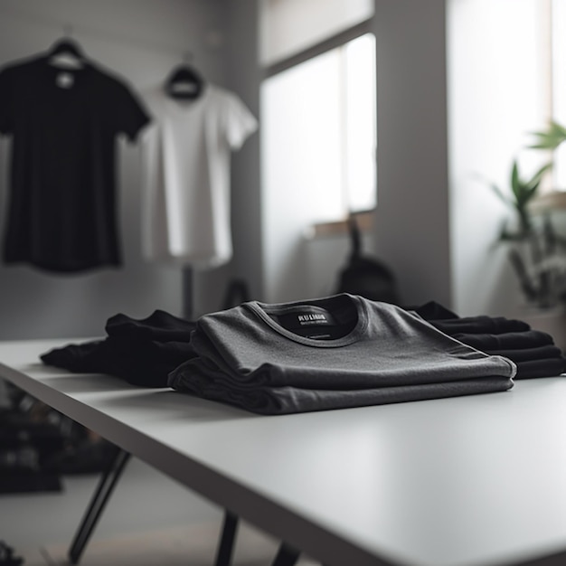 Dormitorio luminoso con camisetas de ropa elegante en perchas y una mesa