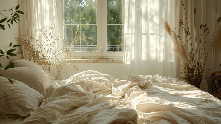 Un dormitorio luminoso con una cómoda ropa de cama blanca y vegetación que crea un espacio tranquilo y acogedor