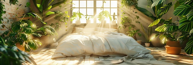 Dormitorio luminoso y ventilado con ropa de cama suave y decoración moderna ventana soleada y muebles de madera ligeros