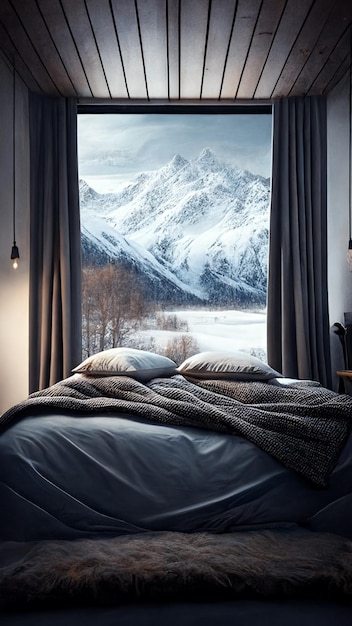 Un dormitorio con una manta en la cama y vistas a la montaña.