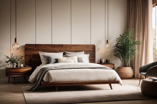 Dormitorio minimalista con cabecero de madera en tonos blancos y beige, almohada de cama de terciopelo