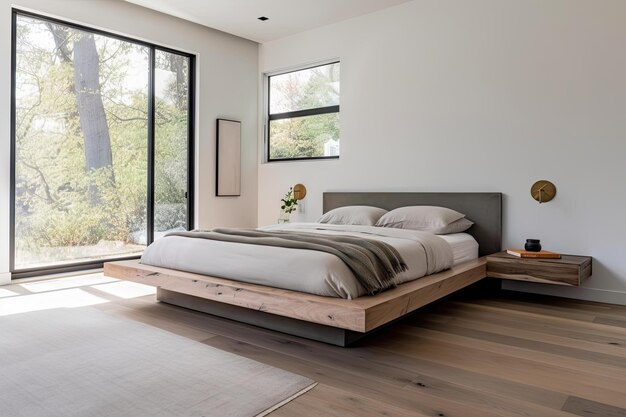 Dormitorio minimalista con cama minimalista y mesita de noche elegante