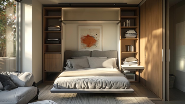 Un dormitorio minimalista con una cama Murphy muebles convertibles y soluciones de almacenamiento inteligentes ideales para espacios pequeños