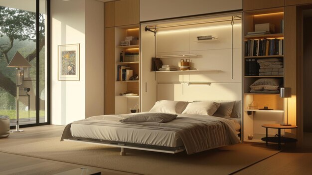 Un dormitorio minimalista con una cama Murphy muebles convertibles y soluciones de almacenamiento inteligentes ideales para espacios pequeños