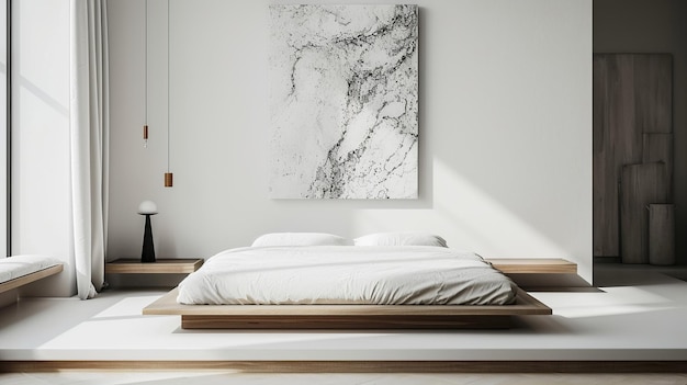 Dormitorio minimalista con cama de plataforma y arte abstracto