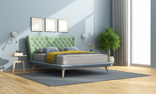Dormitorio minimalista con colorida cama doble, paredes azules y renderizado 3d de windows