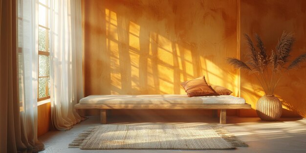 Dormitorio minimalista con un gran lecho de cabecera de madera cerca de las ventanas de techo de piso construidas en el armario