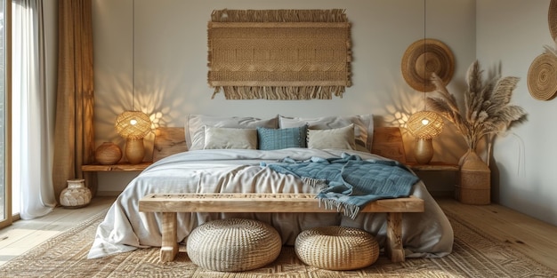 Dormitorio minimalista con un gran lecho de cabecera de madera cerca de las ventanas de techo de piso construidas en el armario