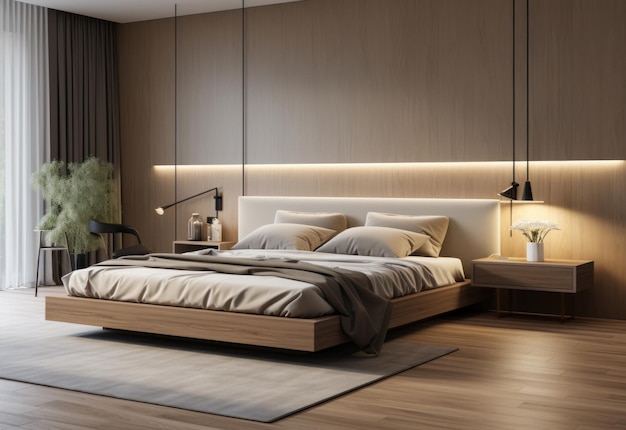 un dormitorio minimalista con paneles de madera y sábanas beige