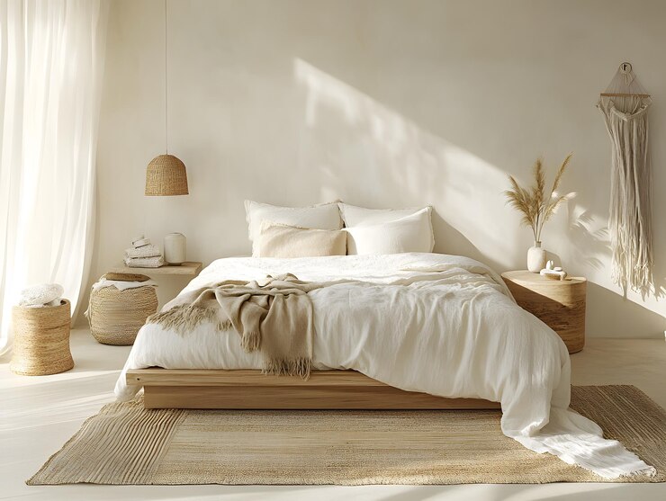 un dormitorio minimalista con una ropa de cama de lino beige puesta en una cama de plataforma baja de madera IA generativa