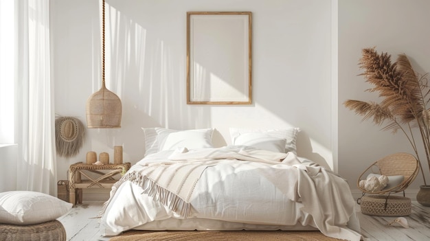 Dormitorio minimalista sereno con decoración natural generativa ai
