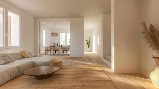 Dormitorio minimalista sereno en tono melocotón Composición de interiores en una casa de lujo