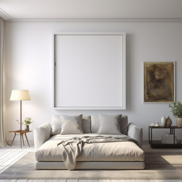 Foto dormitorio minimalista con sofá blanco y cama murphy marco para retratos