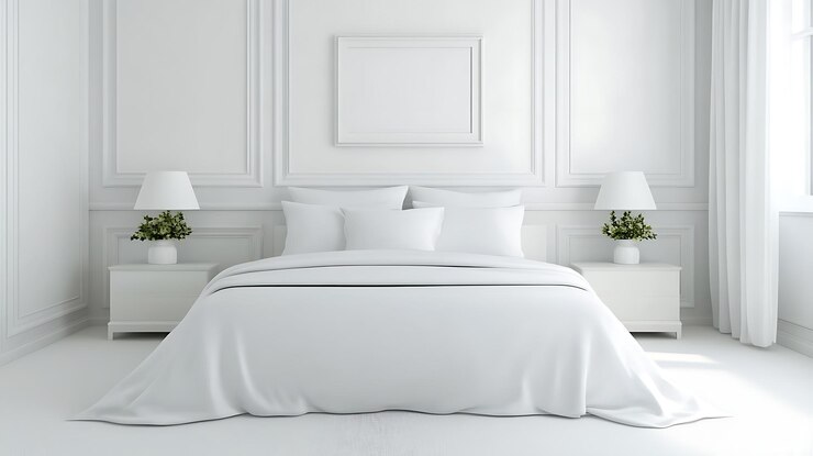 Un dormitorio mínimo sereno y acogedor con una atmósfera acogedora con una cama grande, sábanas blancas y una decoración elegante. La iluminación suave mejora el ambiente tranquilo del espacio.