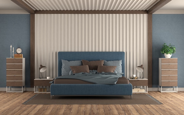 Dormitorio moderno con cama doble azul contra panel de yeso, mesita de noche y cómoda - 3D rendering