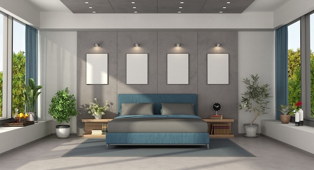 Dormitorio moderno con cama doble azul en panel de hormigón