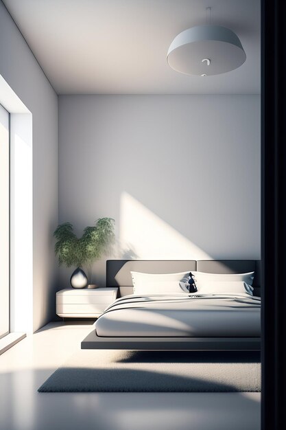 Un dormitorio moderno de color blanco puro con un concepto de mundo blanco limpio y postprocesado.