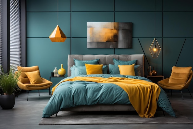 Un dormitorio moderno con colores amarillo y azul