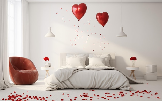 Foto un dormitorio moderno decorado para san valentín o el día del aniversario con globos en forma de corazón y rosas