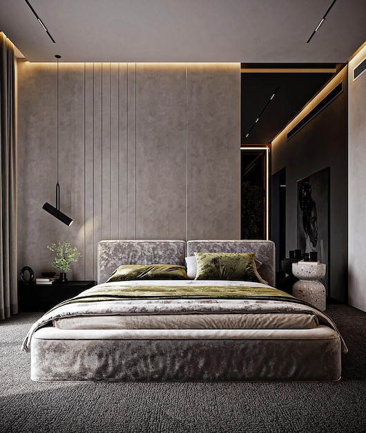 Dormitorio moderno diseño elegante estilo gris y marrón.
