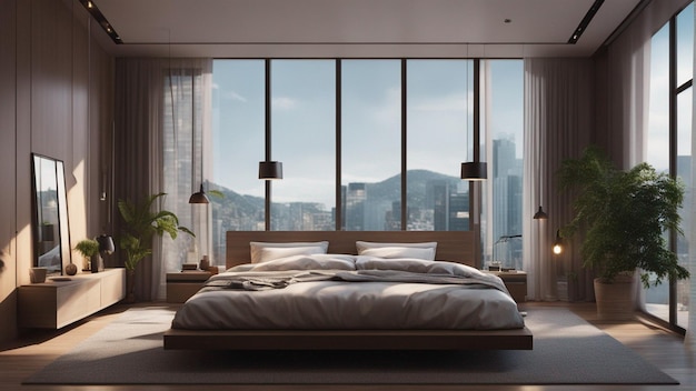 Un dormitorio moderno hiperrealista con ventana 8k.