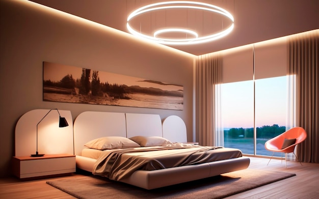 Un dormitorio moderno con luces incrustadas en el techo.