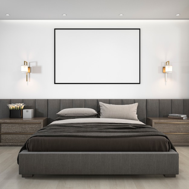 Dormitorio moderno de lujo de renderizado 3D en hotel con marco
