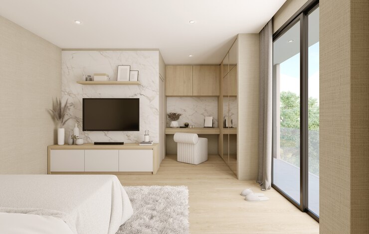 dormitorio moderno con muebles y piso de madera clara