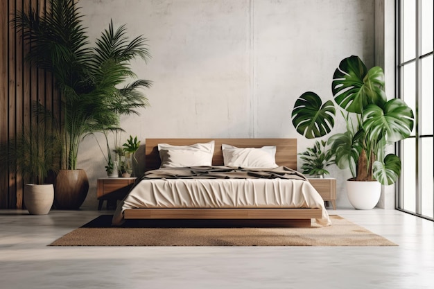 Dormitorio moderno con piso de madera y grandes ventanales, plantas tropicales, IA generativa