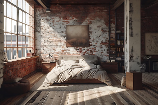 Foto dormitorio moderno con pisos de madera y paredes de ladrillo